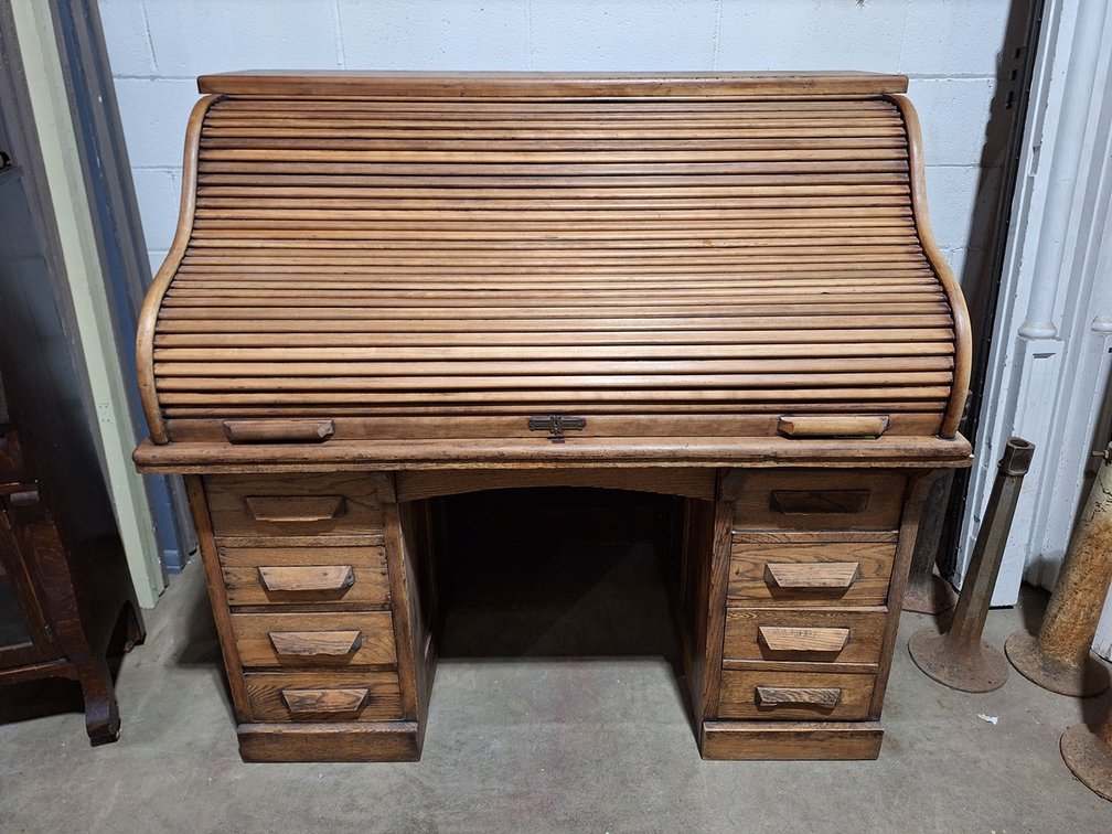 Vintage Wood Roll Top Desk, 53"x33"x52"