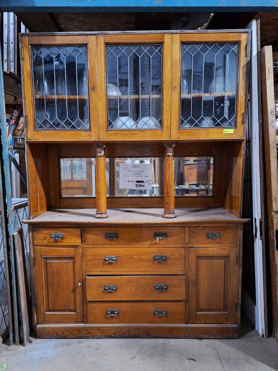 Oak Built-In Cabinet with Leaded Glass, 62"x19.5"x85.5
