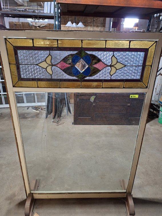 Wood Framed Window with Stained Glass Top, 46"x65.75"