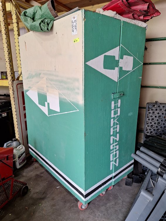 Wood Clamshell Cabinet on Wheels, 49"x32"x69"
