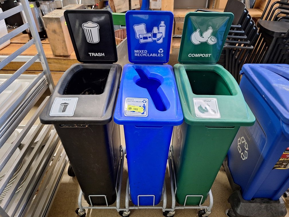 3 Slim Jim Bins on Cart (Trash/Recycle/Compost(