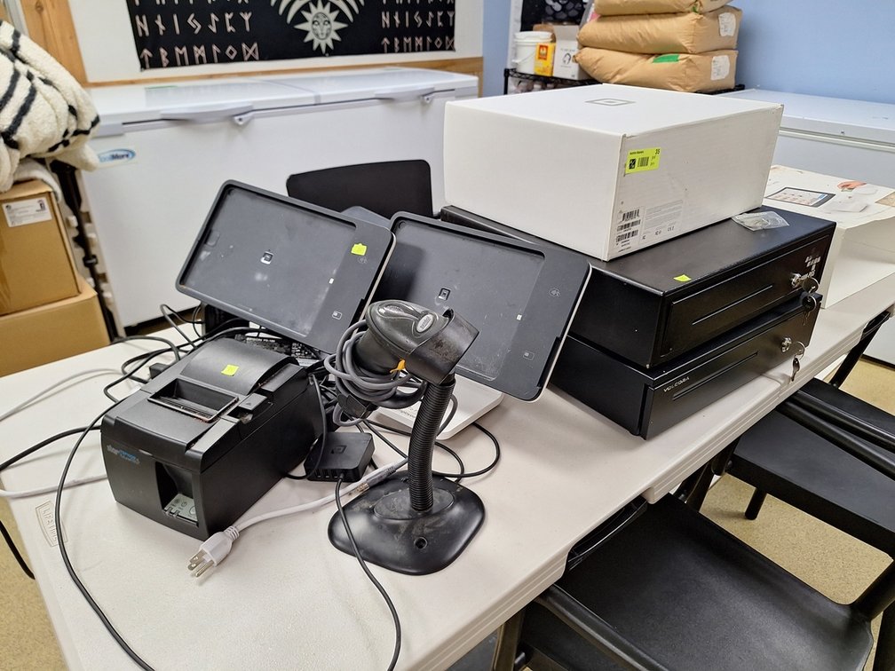 Square POS Hardware: 2 Cash Drawers, 2 Assorted Printers, 2 Tablet Stands, Symbol Scanner