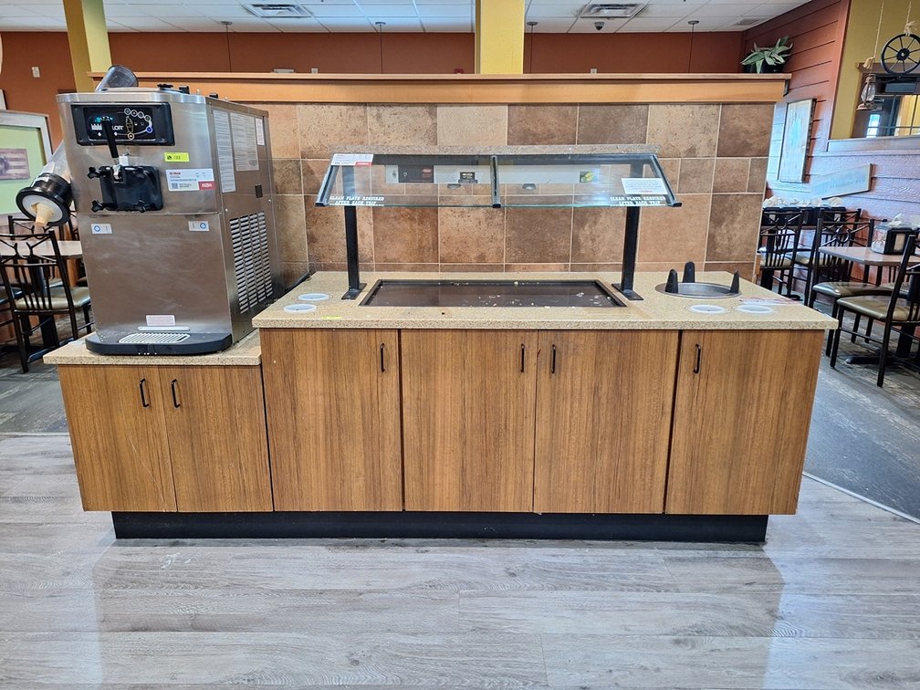 Buffet Counter with Plate Lowerator, Silverware Caddies, Hatco Glo-Ray Food Warmer, 105"x36"x56"