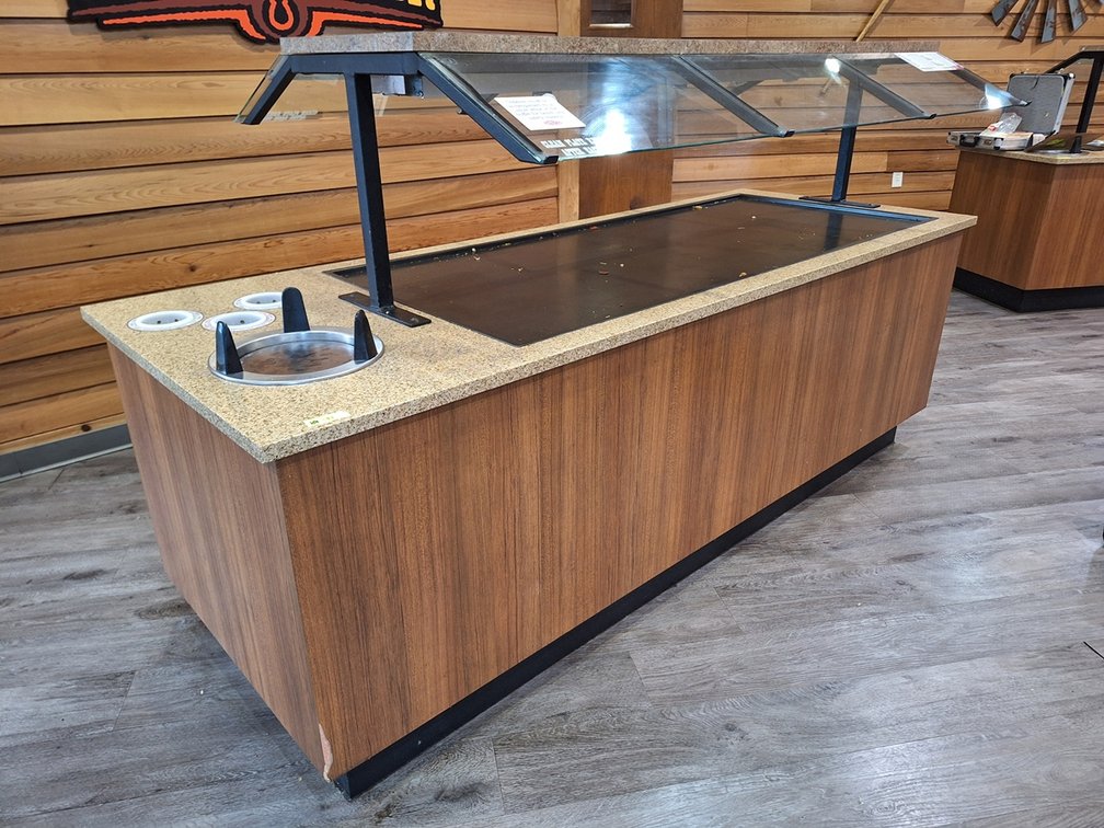 Buffet Counter with Plate Lowerator, Silverware Caddies, Hatco Glo-Ray Food Warmer, 100"x37"x34"