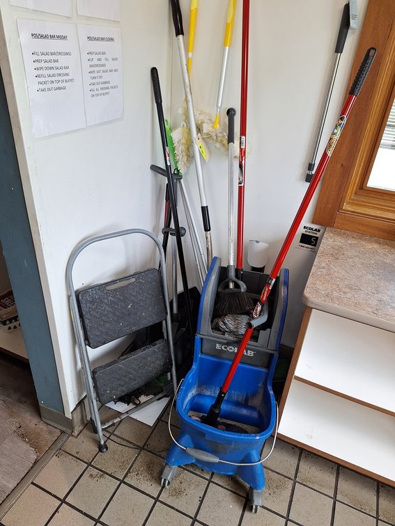 Assorted Cleaning Equipment, Mop Bucket, Mops, More