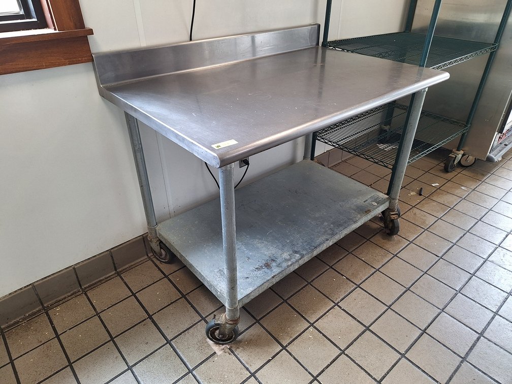 SS Table on Wheels with Backsplash and Undershelf, 48"x30"