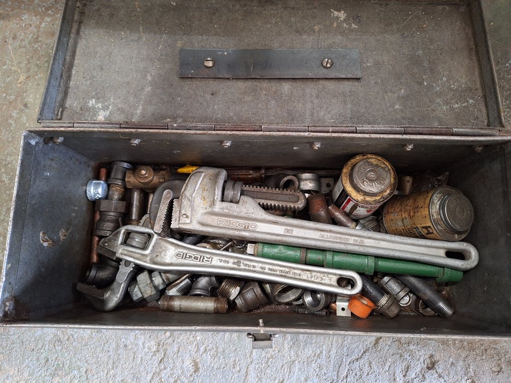Assorted Wrenches and More in Metal Toolbox