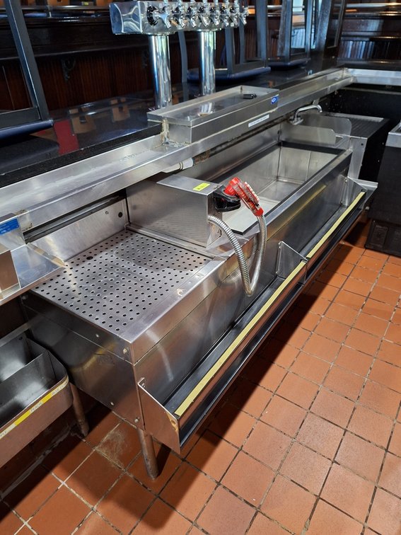 Section of Glastender Underbar SS Equipment: Drain Boards, Hand Sink, Ice Bins