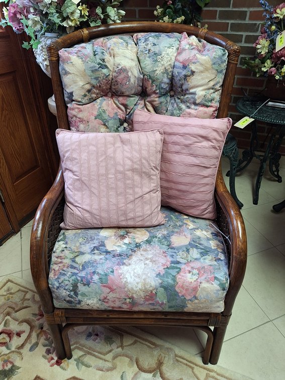 Wicker Armchair with Floral Upholstery, 42"H