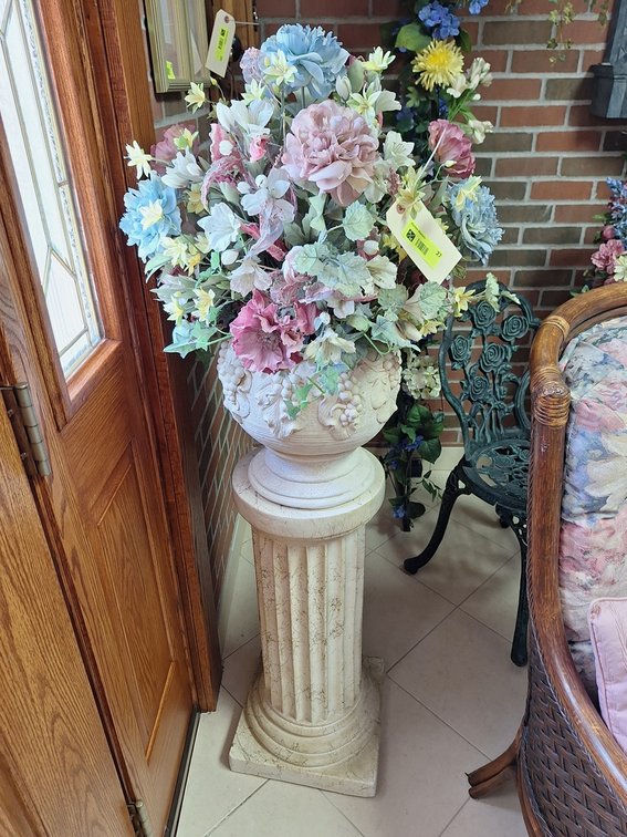 Plaster Italian Motif Pedestal Planter with Flowers, 57"H