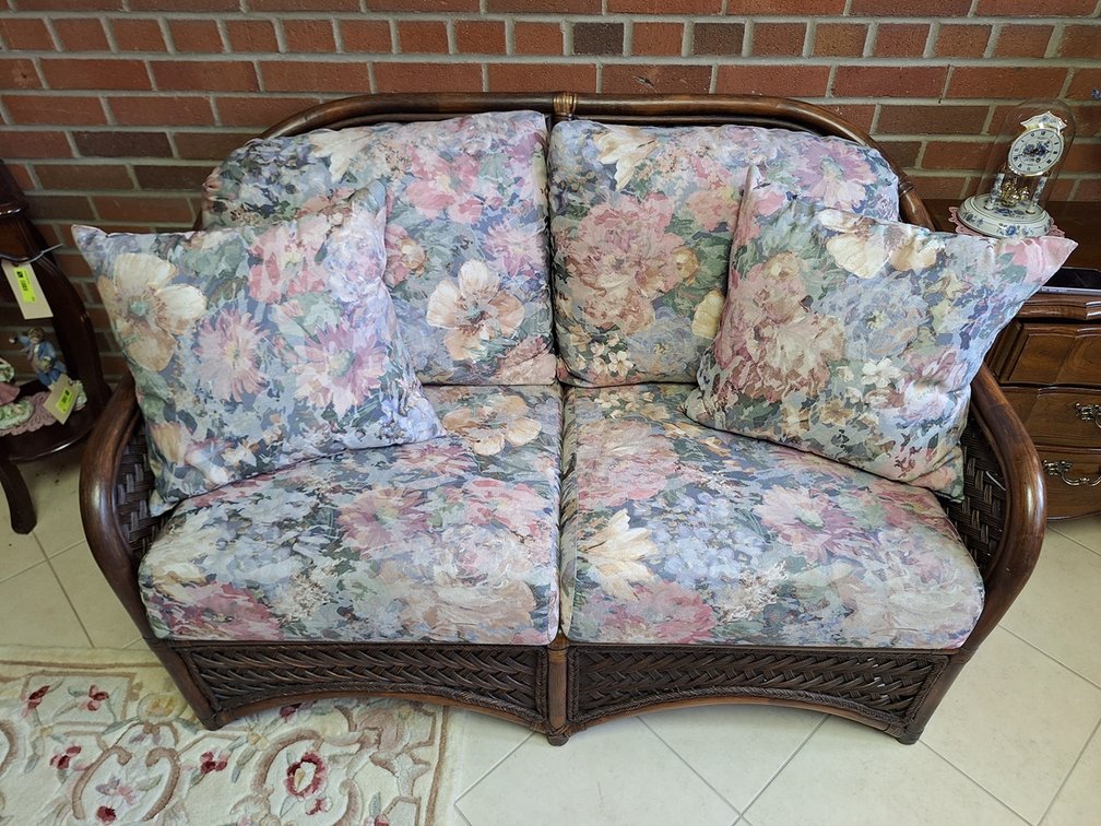 Wicker Loveseat with Floral Upholstery, 53"W