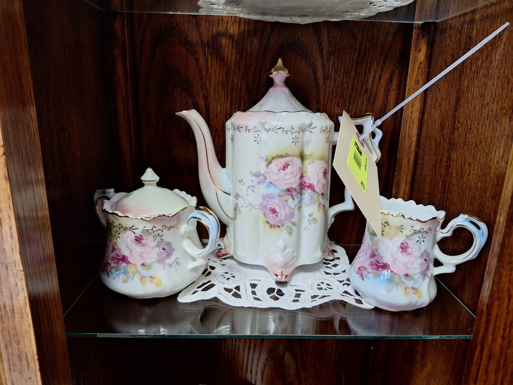 Antique Style Porcelain Teapot, Sugar and Creamer, 7"