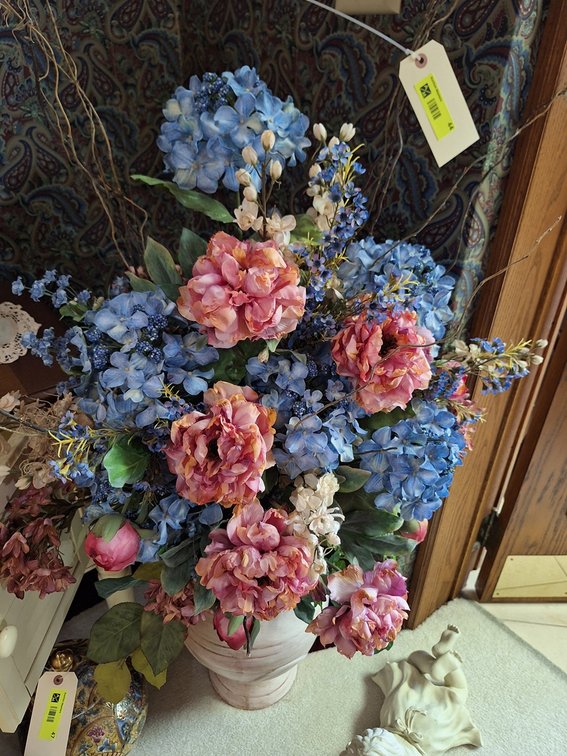 Ornate Ceramic Planter with Floral Arrangement, 45"H