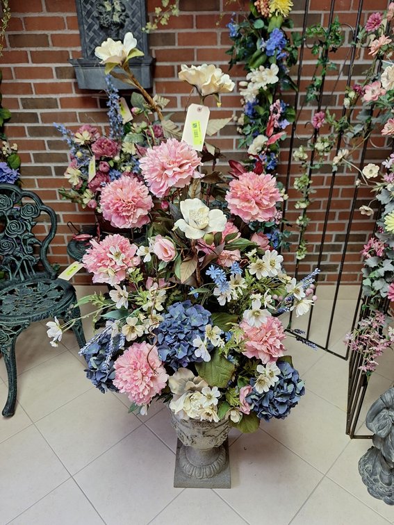 Bacchus Motif Planter with Floral Arrangement, 56"H