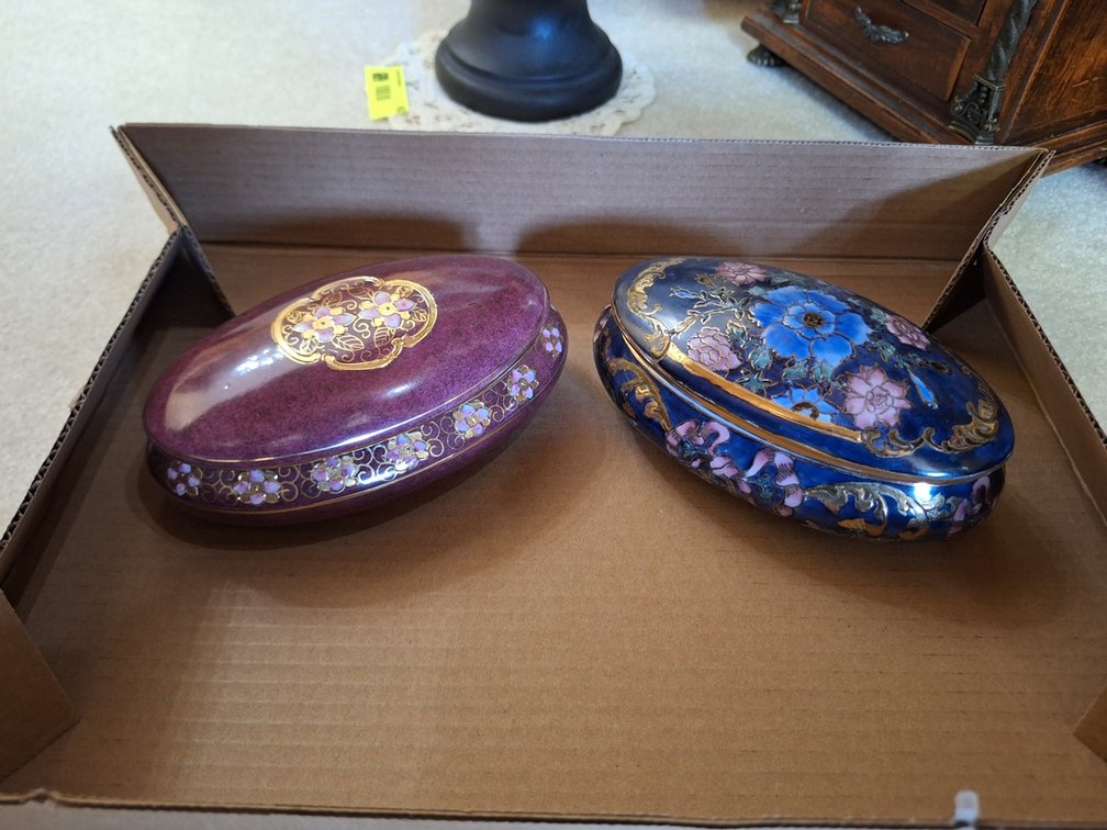 Pair of Ornate Porcelain Trinket Boxes, 12"