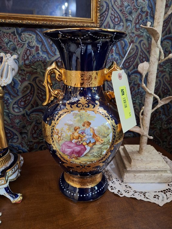 Pair of Fragonard Limoges Porcelain Cobalt Vases, 14.5"
