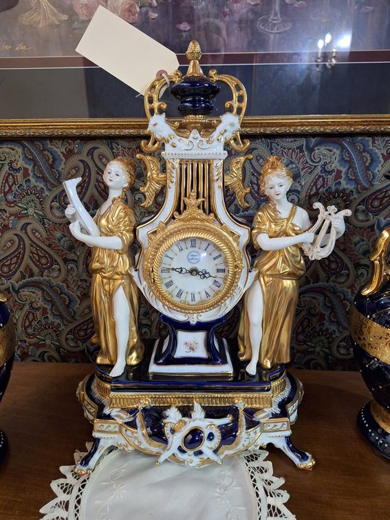 Dresden Porcelain Flowers/Clock with Musicians, 20"H