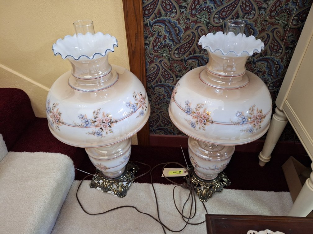 Pair of Oil Lamp Style Lamps with Luster Finish Shades, 28"