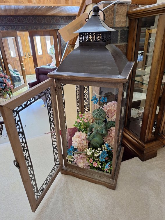 Lantern From Glass Display with Patinated Bronze Cherub