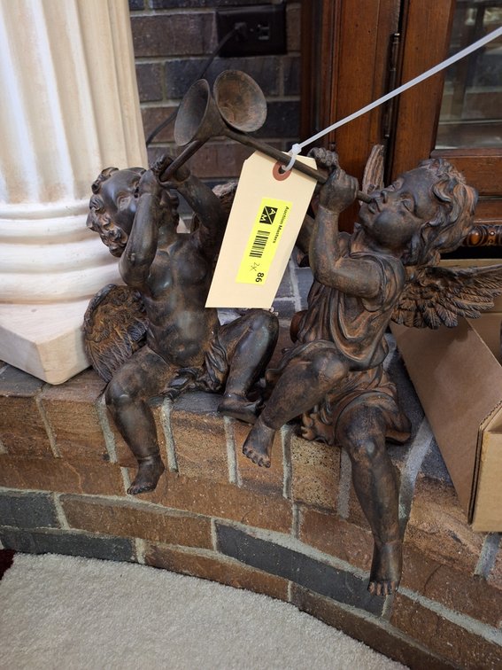Pair of Musical Cherub Motif Shelf Sitters, 15"