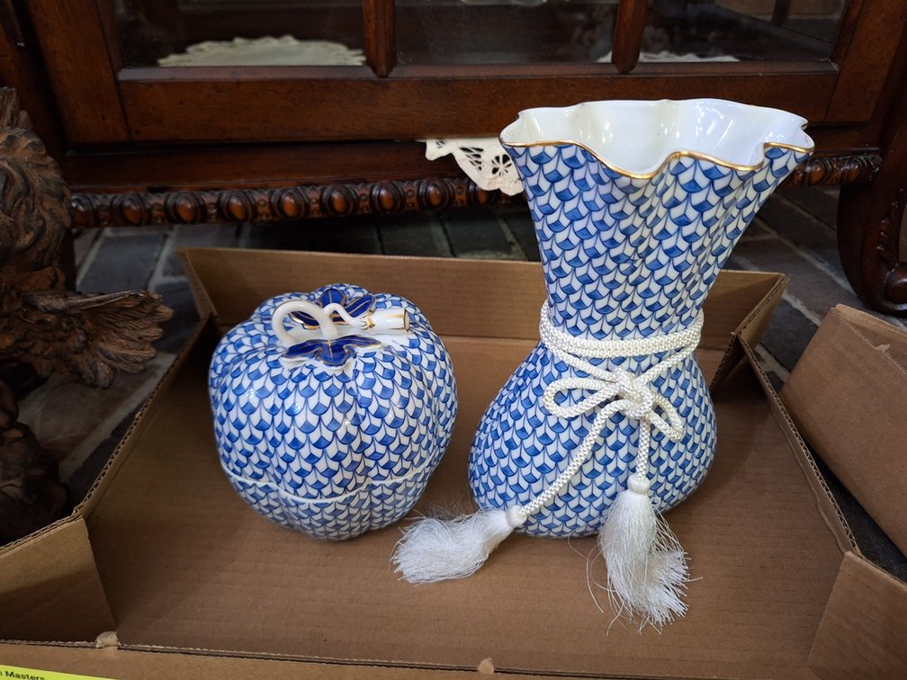 Fishnet Porcelain Vase and Covered Box, 8.5"
