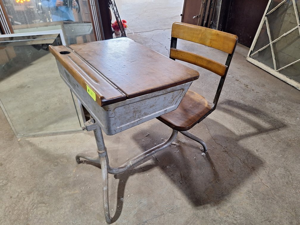 Vintage Wood/Metal School Desk with Swivel Chair & Flip Top