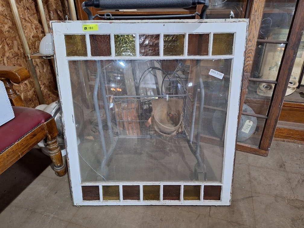 Vintage Window Sash with Colored Glass, 34"x37"