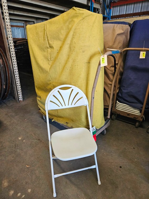 White Plastic/Metal Fan Back Folding Chairs, Approx. 48 with Cart