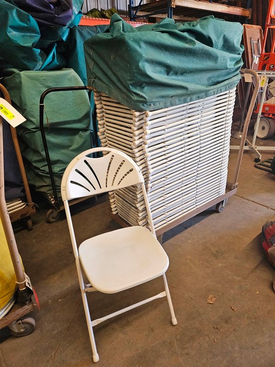 White Plastic/Metal Fan Back Folding Chairs, Approx. 48 with Cart