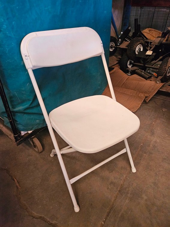 White Plastic/Metal Folding Chairs, Approx. 50 with Cart