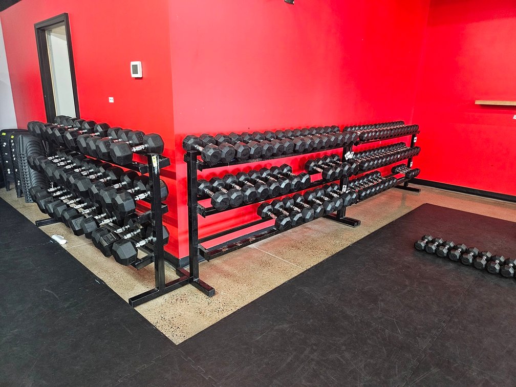 Rubber Coated Dumbbells with 3 - 7' Racks: 18 - 8 lb., 22 - 10 lb., 18 - 12 lb., 20 - 15 lb., 20 - 20 lb., 8 - 30 lb., 10 - 35 lb., 6 - 40 lb., 8 - 45 lb., 8 - 50 lb., 6 - 55 lb., 4 - 60 lb.