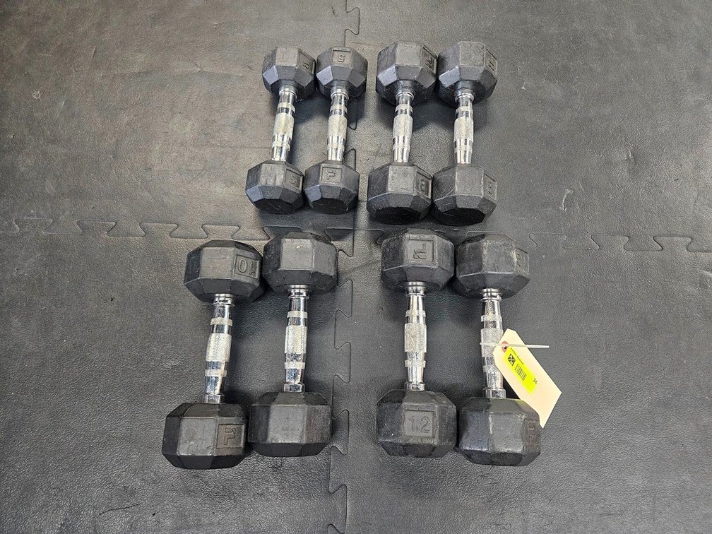 Rubber Coated Dumbbells: 2 - 5 lb., 2 - 8 lb., 2 - 10 lb., 2 - 12 lb.