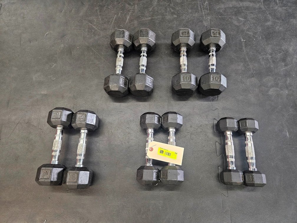 Rubber Coated Dumbbells: 2 - 3 lb., 2 - 5 lb., 2 - 8 lb., 2 - 10 lb., 2 - 12 lb.