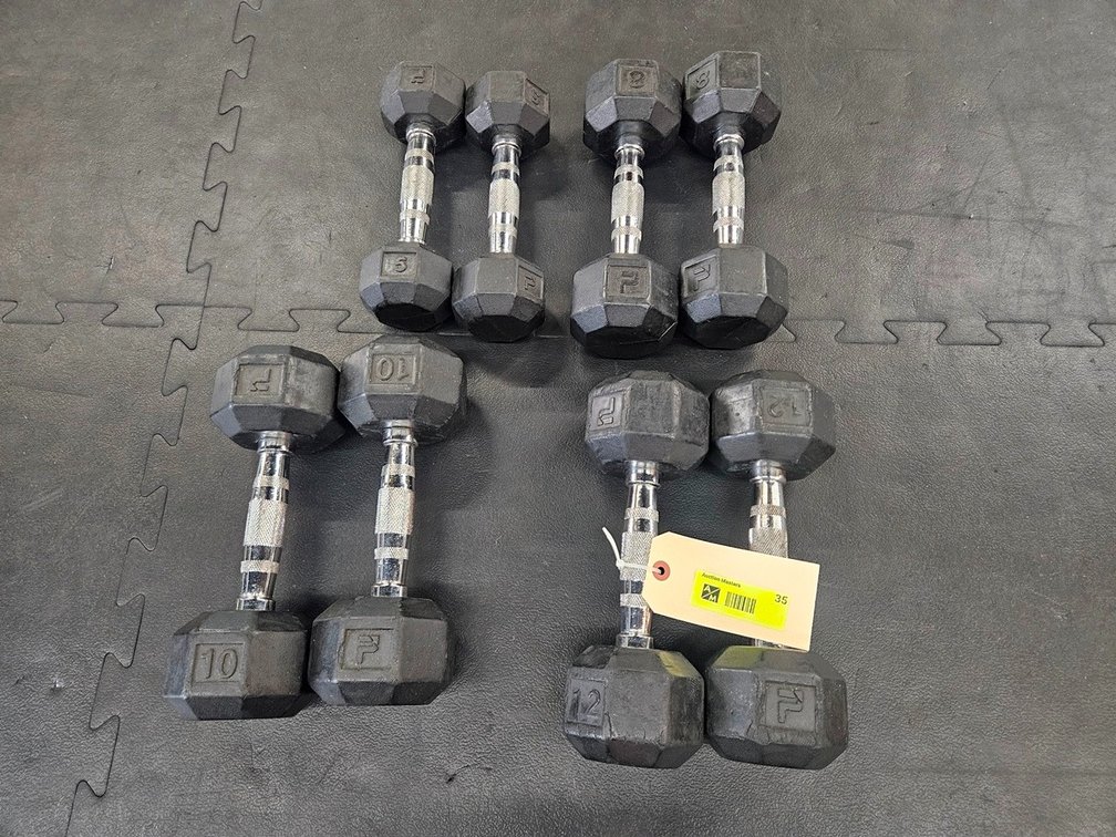Rubber Coated Dumbbells: 2 - 5 lb., 2 - 8 lb., 2 - 10 lb., 2 - 12 lb.