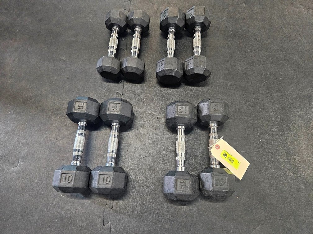Rubber Coated Dumbbells: 2 - 5 lb., 2 - 8 lb., 2 - 10 lb., 2 - 12 lb.