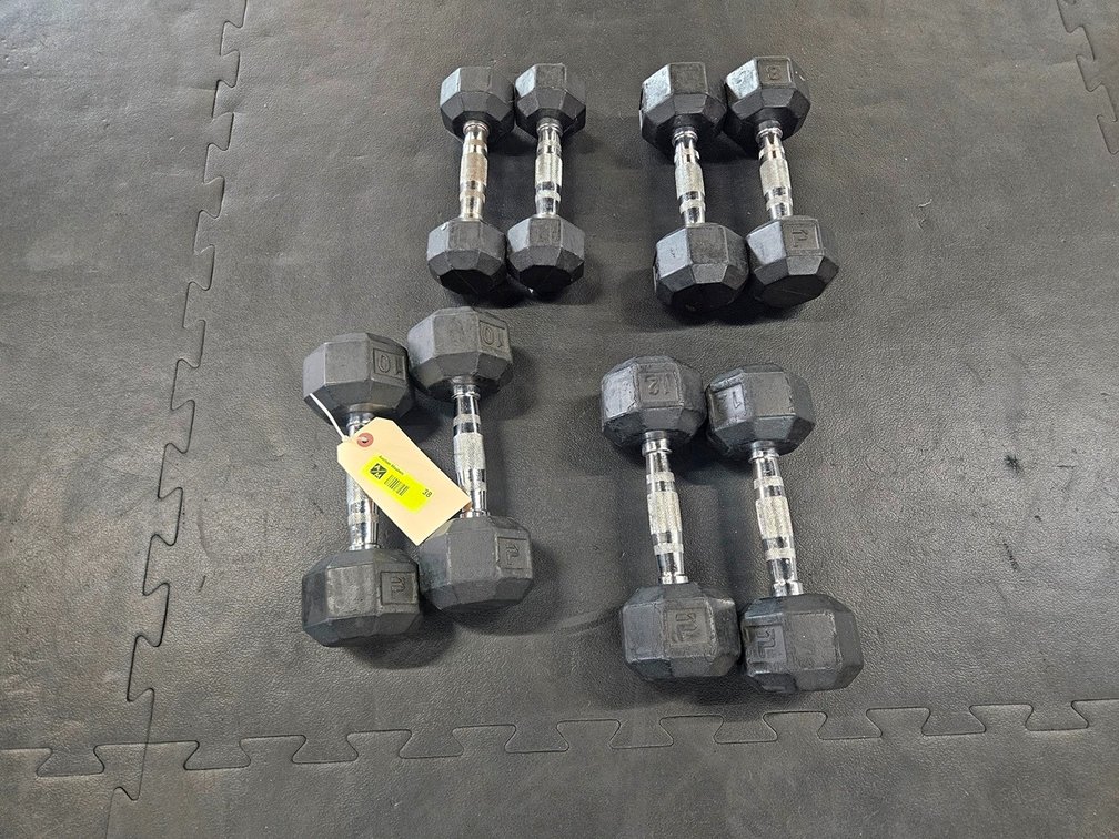 Rubber Coated Dumbbells: 2 - 5 lb., 2 - 8 lb., 2 - 10 lb., 2 - 12 lb.