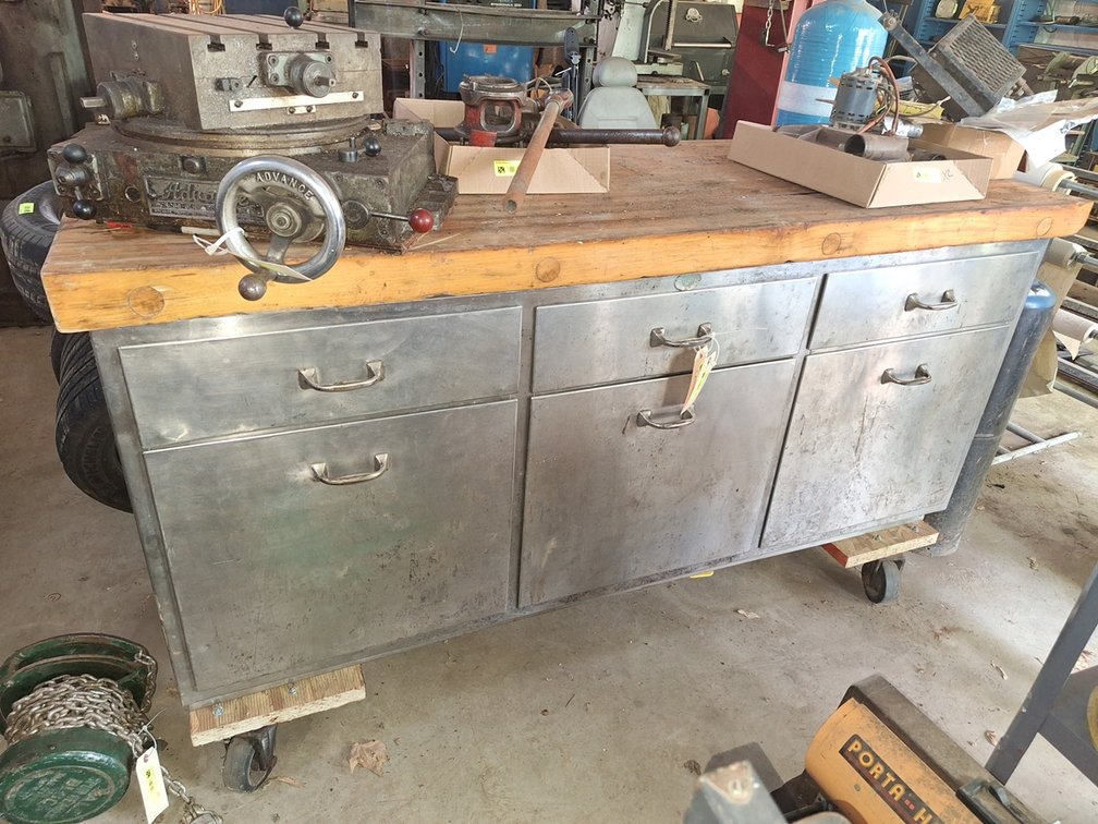 SS Shop Cabinet with Wood Work Surface on Wheels, 72"x27"x42"