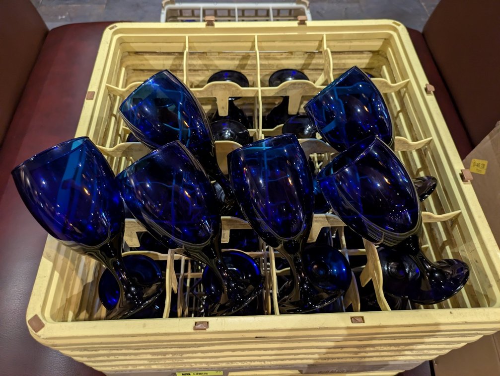 Assorted Blue Glass Wine and Water Glasses, Approx 130, with Drying Racks