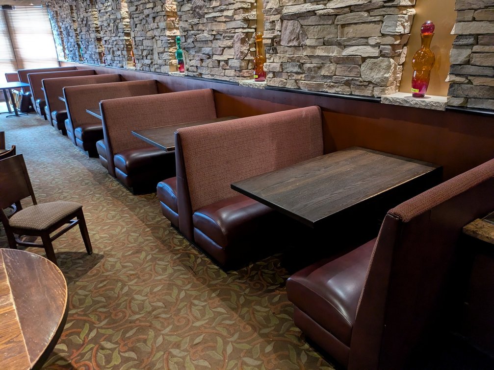 Booth Package Against Wall, 6-2 Sided & 2-1 Sided 60"W, 7 Wood Tables, 54"x36"x30"