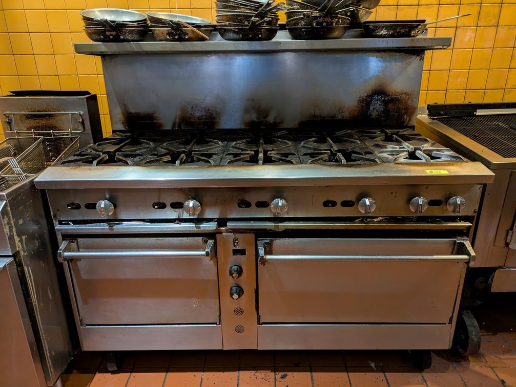 SS 10-Burner Gas Range with Double Oven on Wheels, 60"W