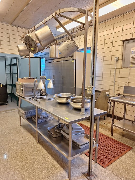 SS Prep Table with Undershelf, Pot Rack and #10 Can Opener, 96"x30"x36"