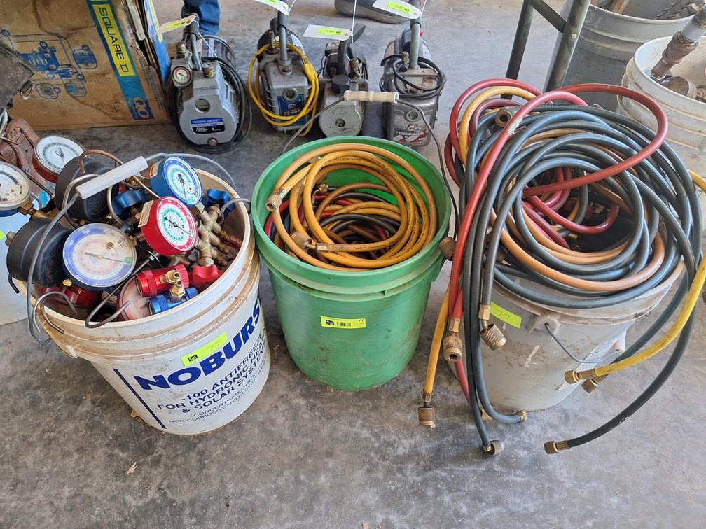 Assorted Refrigerant Gauges and Hoses