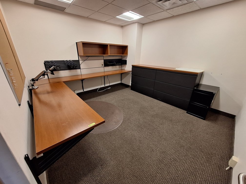 Wall-Mount L-Shaped Executive Desk 101"x122", 6-Drawer Lateral File 83"x19"x40", 2 Storage Cubbies 36"x16"x15" Each, Monitor Mount