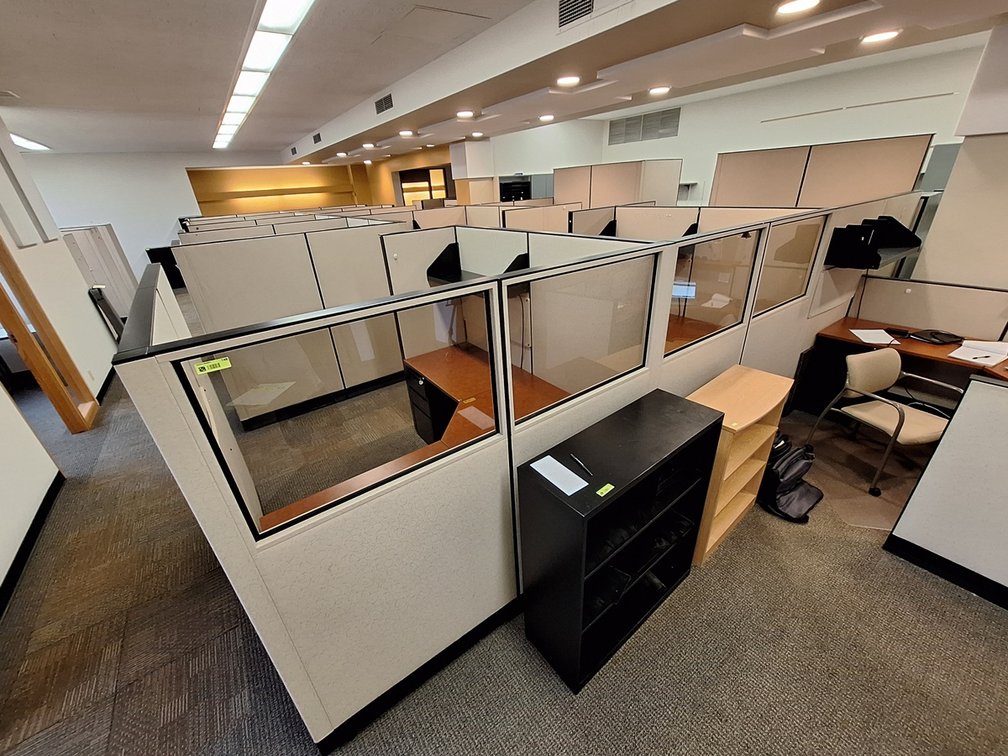 20 Workspace Cubicle Assembly, Each Space Approx 6'x6', 67" Walls, Work Stations and File Cabinets Included