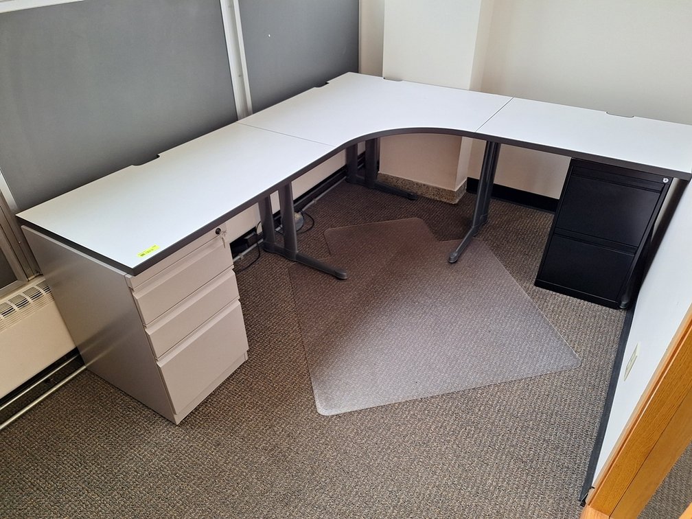 L-Shaped Workstation 86"x76"x29" and 5-Tier Cabinet, 34"x12"x72"