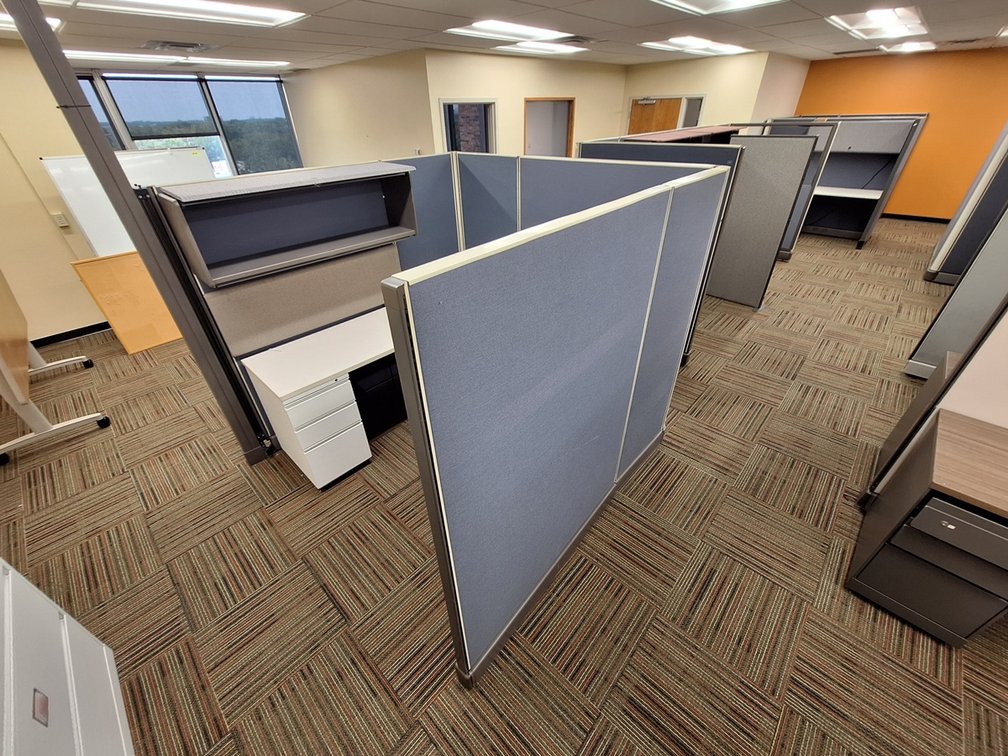 Cubicle System with Mostly Blue Walls, 5 Workstations 6'x6', 67" Walls, Work Surfaces with Additional Walls