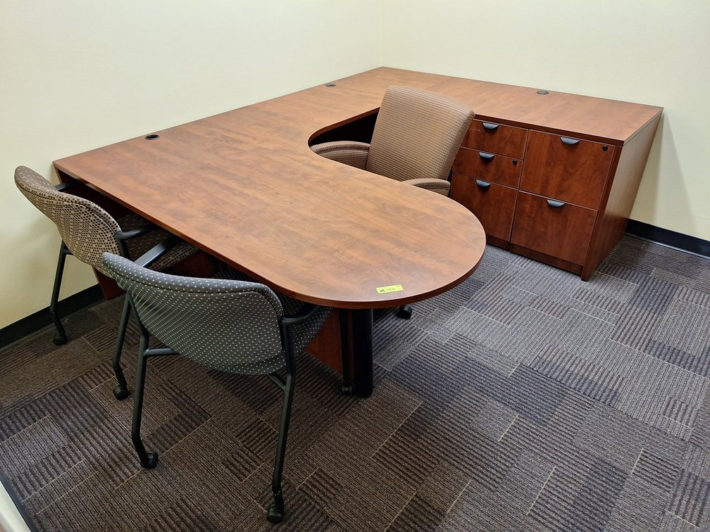 U-Shaped Wood Desk with 3 Chairs