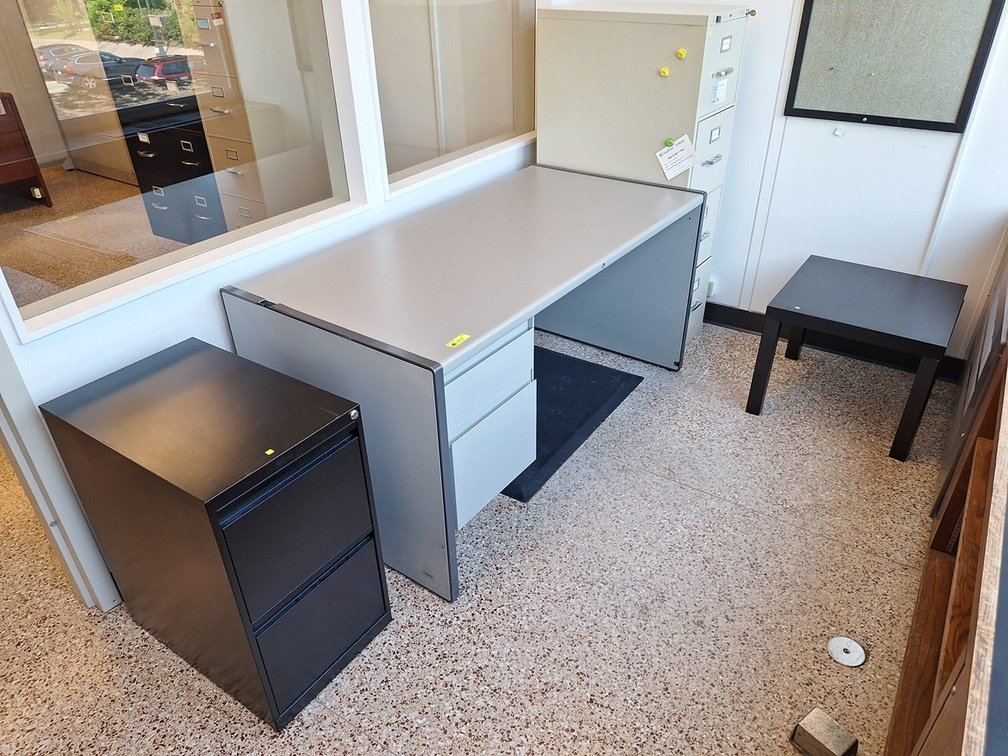 Desk, 2 File Cabinets, Table