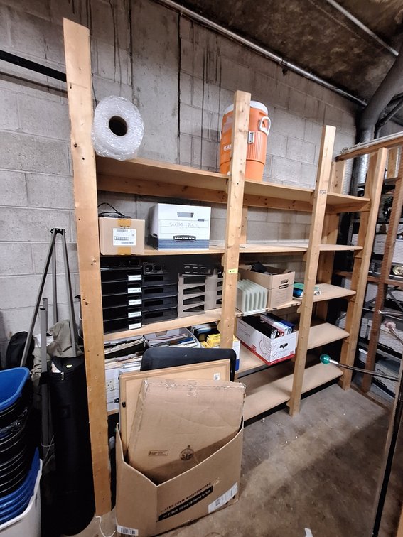 Assorted Contents on Shelves, Phones, Battery Backup, Office Supplies and More