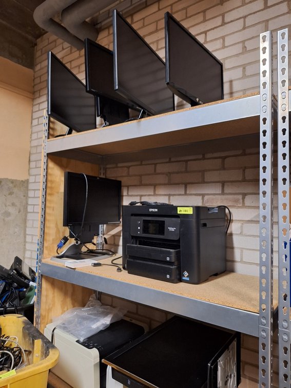 Assorted Computer Components on Shelves, Monitors, Printers and More